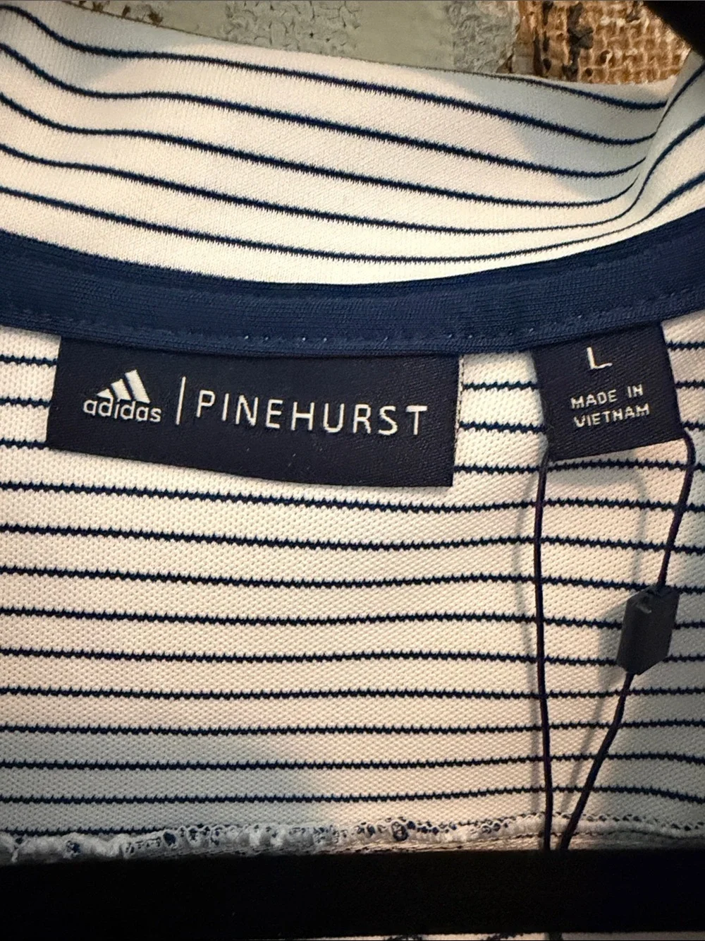 adidas Pinehurst Golf White and Navy Striped Short Sleeve Polo